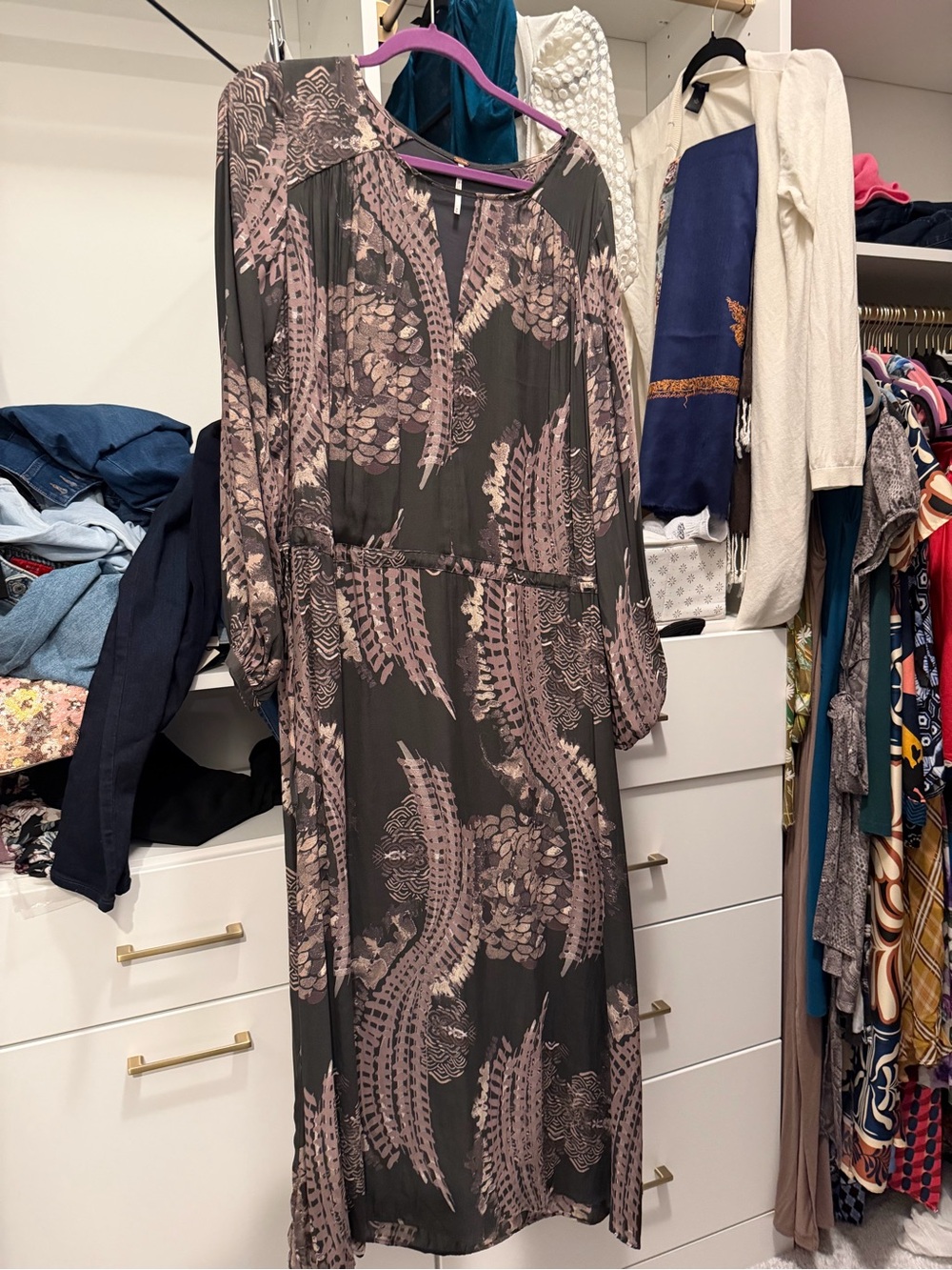 Free People Women's Pink Floral-Print Long Sleeve Midi Dress